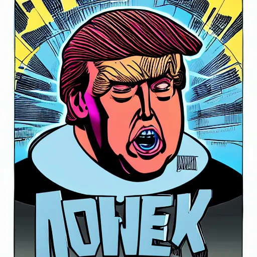 Image similar to donald trump's head as modok, the mental organism designed only for killing, little man in hovering throne, full body, psychic alien with huge head, marvel supervillain character