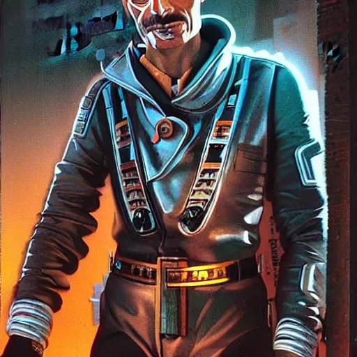 Prompt: Lee Van Cleef as a scifi futuristic cyberpunk cyberpunk cowboy. Amazing photo