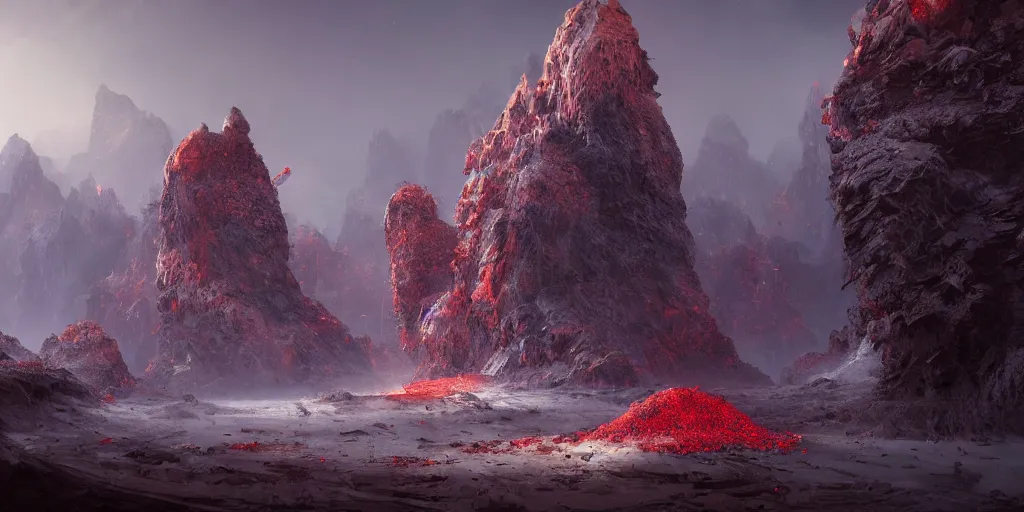 Image similar to a epic landscape full of big red crystals emerging from the ground, concept art, octane render, unreal engine 5, trending on artstation, greg rutkowski, hyperrealistic, highly detailed, high quality, 8 k, dramatic lighting, cinematic, high coherence, high contrast, digital art, high definition, path traced, night