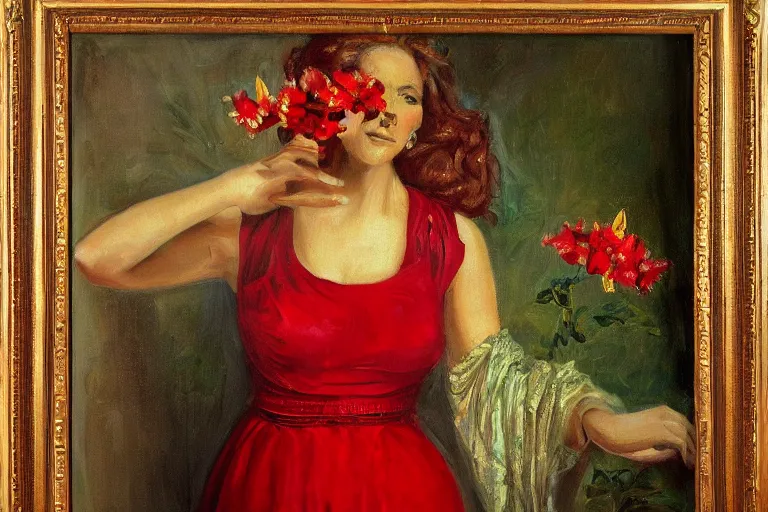 Image similar to oil painting, long view, hight detailed, portrait of woman with flowers in her head in front of red curtain, in style of neodada