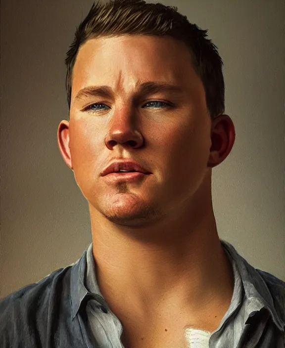 Image similar to portrait of channing tatum as an mississippi farm boy, art by denys tsiperko and bogdan rezunenko and george caleb bingham, hyperrealism