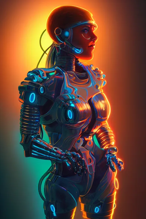 Image similar to portrait of a cyborg girl with a ribbed biomechanic armor and neon light, illustrated by Michael Whelan , digital painting, highly detailed, trending on artstation