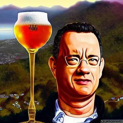 Prompt: Tom hanks at the top of a mountain, scenic view, holding a beer!!, digital art, gta 5 cover art, trending on artstation