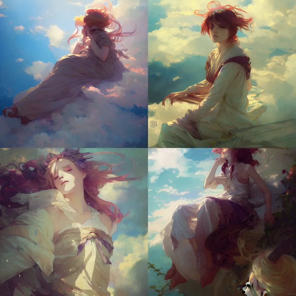 Prompt: falling asleep on clouds, fantasy, colourful, dream, by krenz cushart and mucha and wlop and greg rutkowski