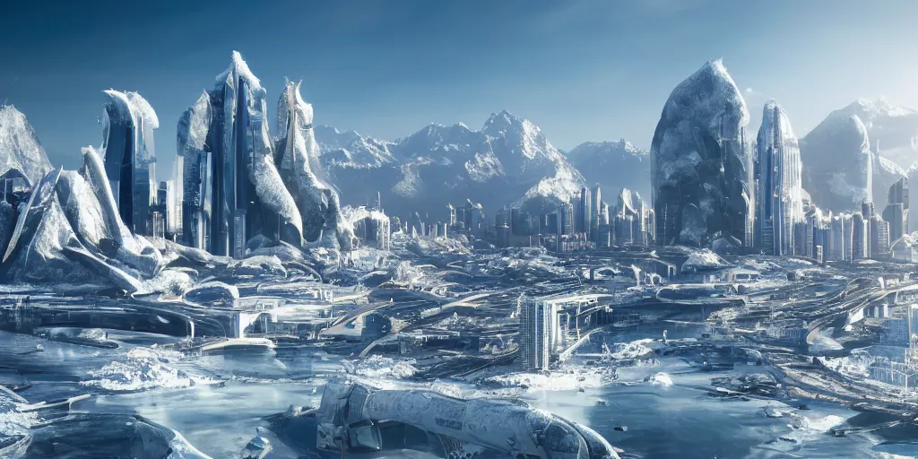 Prompt: A coastal city near some snow-capped mountains, sci-fi, 8k photorealistic, close-up photo, futuristic architecture