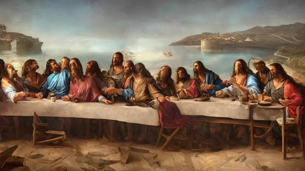 Prompt: a mix between the last supper and the raft of the medusa, at a rustic portuguese quinta, with typical algarve landscape in the back, sunny morning, matte painting, oil canvas, photorealistic illustration, extreme detail, hyper realistic, highly detailed, digital art