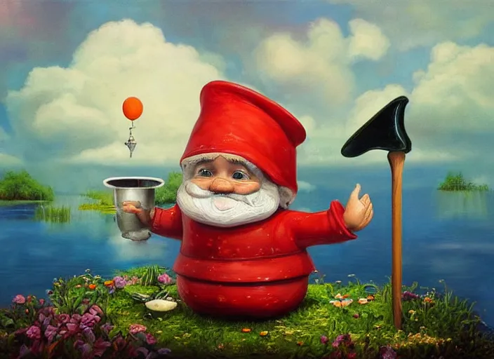 Image similar to a garden gnome sailing in a bucket, whimsical background of a reflective pond on a sunny day with dramatic clouds, an ultrafine detailed painting by mark ryden, trending on deviantart, pop surrealism, whimsical, lowbrow, joyous, perfect symmetrical face