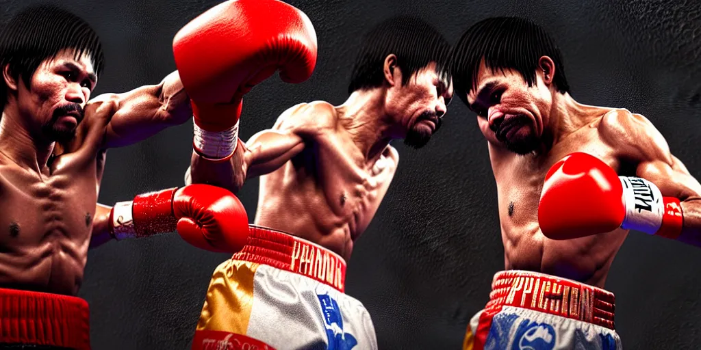 Image similar to manny pacquiao versus bongbong marcos in a boxing fight, detailed intricate illustration, dark atmosphere, detailed illustration, hd, 4 k, digital art, overdetailed art, by greg rutkowski, by loish, complementing colors, trending on artstation, deviantart