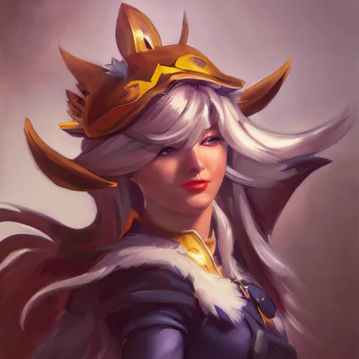 Image similar to greg manchess portrait painting of partially armored ahri from league of legends as overwatch character, medium shot, asymmetrical, profile picture, organic painting, sunny day, matte painting, bold shapes, hard edges, street art, trending on artstation, by huang guangjian, gil elvgren, ruan jia, randy vargas, greg rutkowski