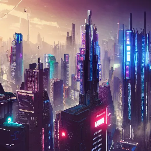 Prompt: cyberpunk city, detailed, cinematographic rendering, skyscrapers, flying cars all around