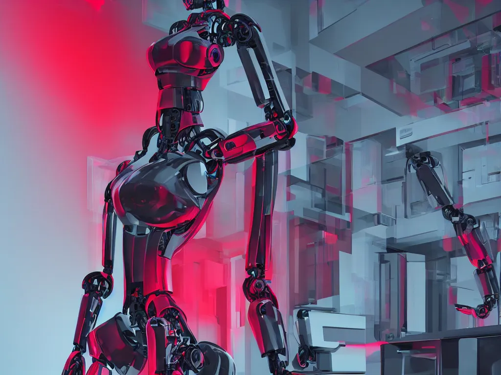 Image similar to beautiful tall female robot printed with red and black 3 d geometrical neon guarding a wall of computers!!!!!!!!!! + flowering vaporwave orchids!!!, transcendent, clean linework, dramatic, finely detailed, 4 k, trending on artstation, photorealistic, award winning, rule of thirds, volumetric lighting, octane render