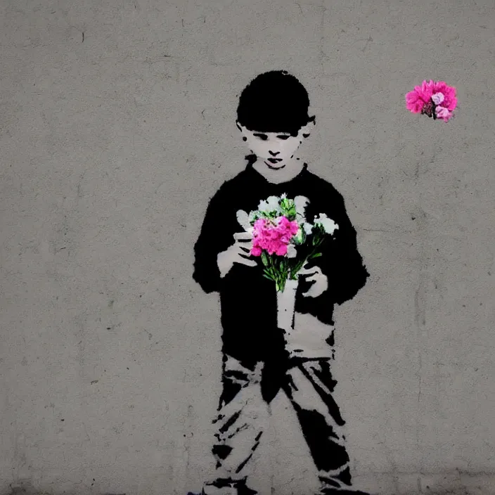 Image similar to a boy holding flowers in the style of Banksy, graffiti, digital art