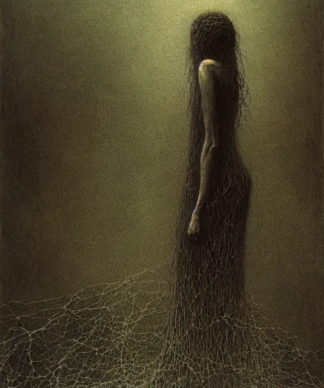 Prompt: woman standing. illustration of arachnophobia, fear of spiders, incredible amount of spiders, bugs. extremely high details, realistic, horror, creepy, masterpiece, art by zdzislaw beksinski, arthur rackham, dariusz zawadzki