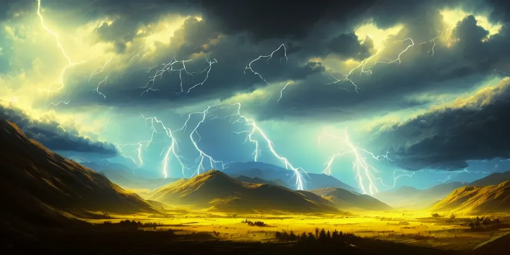 Image similar to a beautiful highland valley with a big blue sky, bright sun clouds and lightning, holy; detailed, best on artstation, cgsociety, wlop, cosmic, epic, stunning, gorgeous, masterpiece