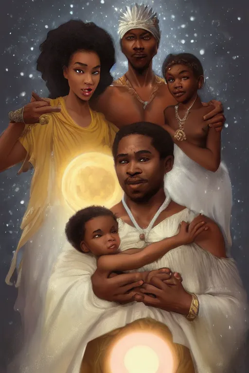 Prompt: a cinematic portrait of a beautiful african-american family photograph close up moment of a young sun god and moon goddess magician family with child, portrait, wearing wide sunhat, Frozen Klaus film, godrays digital painting, artstation, concept art, illustration, Frozen II art masterpiece by art by Krenz Cushart, Artem Demura, alphonse mucha, yoji shinkawa, ArtGerm, Jon Lothian, Danilo Torres, Adi Meyers, Thomas Reimann, Gaston Bussiere, Disney