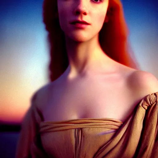 Image similar to photographic portrait of a stunningly beautiful english renaissance female in soft dreamy light at sunset, beside the river, soft focus, contemporary fashion shoot, in a denis villeneuve and tim burton movie, by edward robert hughes, annie leibovitz and steve mccurry, david lazar, jimmy nelsson, extremely detailed, breathtaking, hyperrealistic, perfect face, octane render