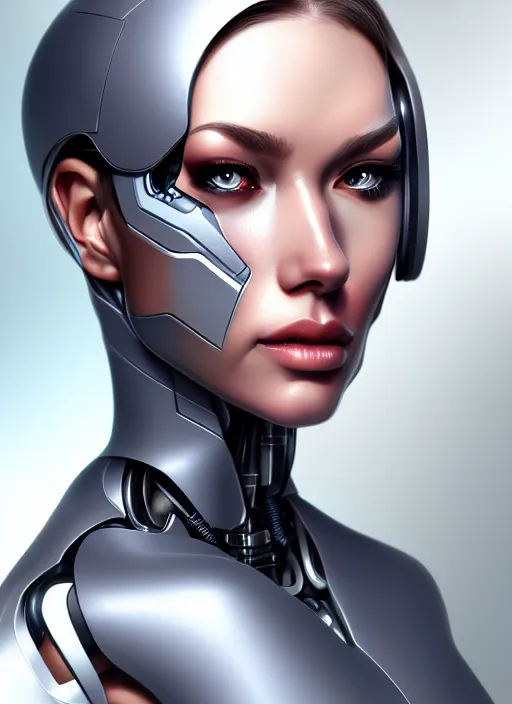 Prompt: portrait of a cyborg woman by Artgerm, face in profile +400, biomechanical, hyper detailled, trending on artstation