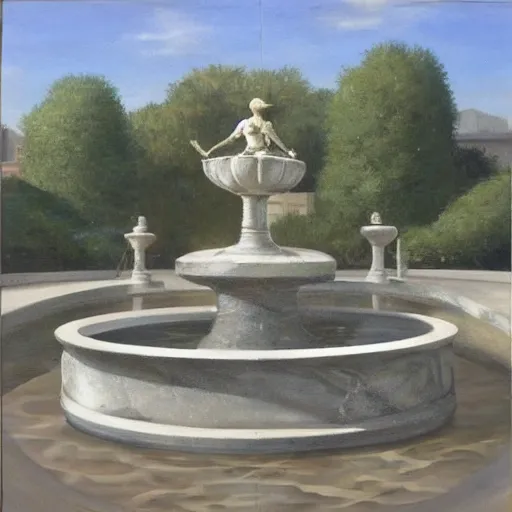 Prompt: oil painting of an infinite expanse of marble fountains of differing design with occasional bronze figures in some of the fountains, empty scene with no people, no animals, no plants