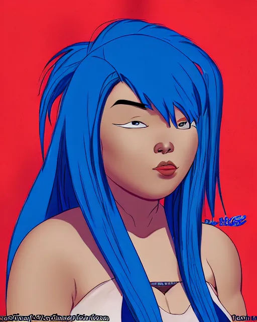 Prompt: welcoming heavy filipina woman character portrait, by don bluth, electric blue hair, sci - fi environment, highly detailed, dynamic shadows, 4 k, wallpaper - 1 0 2 4