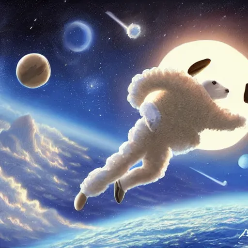 Prompt: A sheep wearing an astronaut suit jumping over aasteroid in space, earth and stars in the background, blue light, extra detailed, digital illustration, by thomas kinkade, digital painting, , trending on artstation