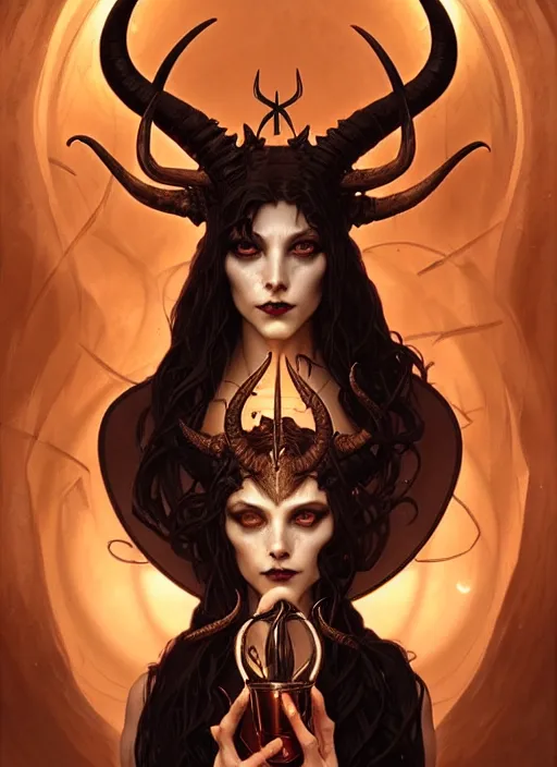 Prompt: a beautiful illustration of a satanic witch with horns in head offering a cryptic chalice, intricate, sharp focus, illustration, highly detailed, digital painting, concept art, matte, art by WLOP and Artgerm and Greg Rutkowski and Alphonse Mucha, masterpiece