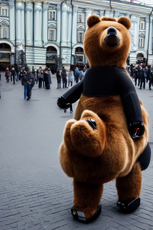 Image similar to a picture of putin ride robotic bear in moscow. - photorealistic, face features, elegant, confident posse, reduce duplicate image, pullitzer winning, taken with canon eos 5 d mark iv, versatile, lens interoperability, autofocus, 4 k uhd video capture at 3 0 fps, 8 k time - lapse functions, by karah mew, jodie bateman