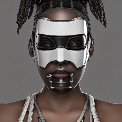 Prompt: a portrait of a beautiful masked black cyberpunk girl with dreadlocks by koral bak, artstation, cyberpunk, symmetric portrait, sci - fi, vray render, unreal engine, hyperrealism, photorealism