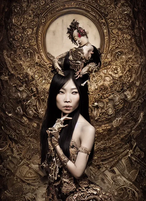 Prompt: a portrait of asian female by stefan geselle and nekro borja, photorealistic, intricate details, hyper realistic, fantasy, elegant, baroque victorian steampunk, photorealistic, canon r 3, photography, symmetrical features, symmetrical pose, wide angle shot, standing pose, feet on the ground, wearable art