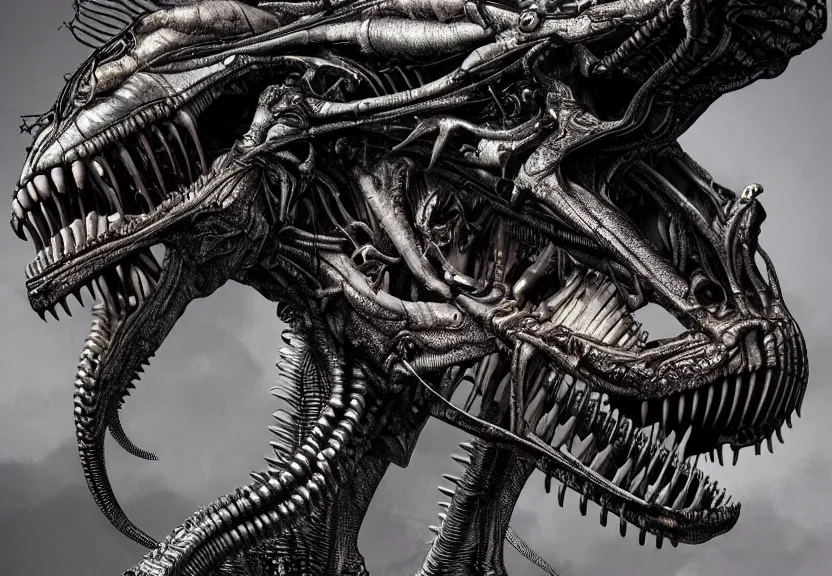 Prompt: extremely detailed. full body pictures of a gem - toned cybernetic tyrannosaurus rex engine. iridescent biomechanical giger ’ s xenomorph. the thing. detailed and intricate environment, hyperrealism, black background, detailed and intricate environment, reflective, dynamic lighting, rembrandt, 8 k