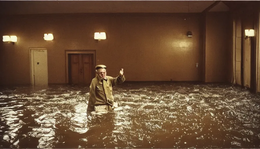 Image similar to 7 0 s movie still of an old manstanding in a soviet stalinist style ballroom flooded in mud, cinestill 8 0 0 t 3 5 mm eastmancolor, heavy grain, high quality, high detail