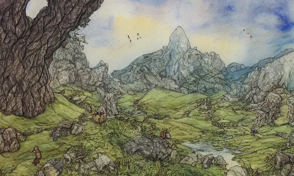 Prompt: lord of the rings landscape, beatrix potter style, pen and watercolor, epic, award-winning, 4k