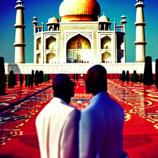 Image similar to photo of gay pride at ( ( ( ( taj mahal ) ) ) ), cinematic color grading, soft light, faded colors, well framed, sharp focus, 8 k