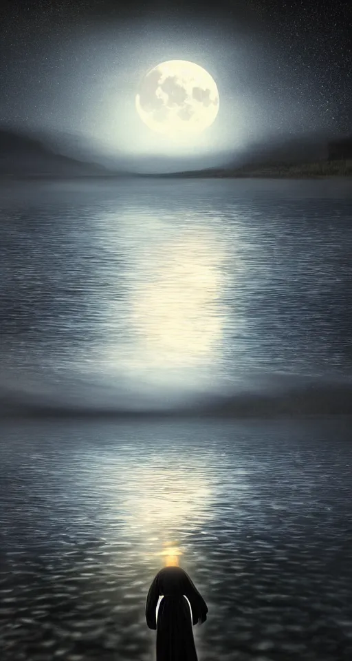 Image similar to beautiful digital painting of a robed figure standing at the side of a dark lake, looking at the reflection of the moon in the water realistic, colorful, highly detailed, unreal engine