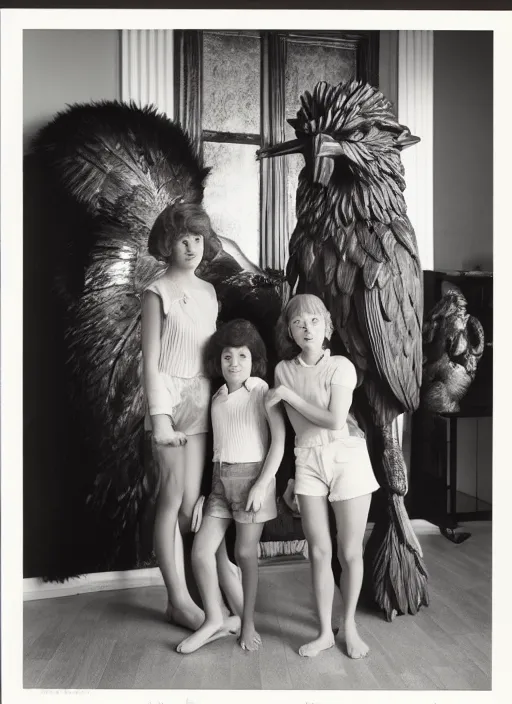 Prompt: realistic photo portrait of the family wearing fluffy shorts, beautiful symmetrical faces, standing in the wooden polished and fancy expensive interior room next to a wooden bird idol sculpture 1 9 9 0, life magazine reportage photo