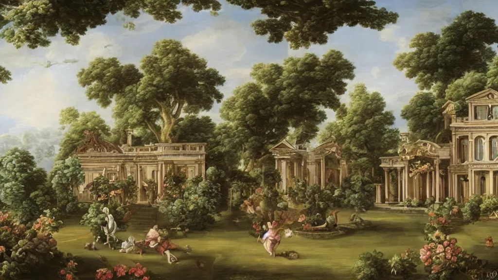 Prompt: a mansion with a garden. rococo artwork.