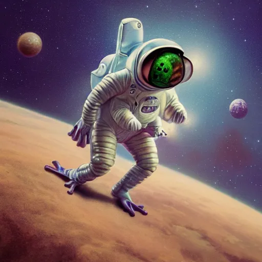 Image similar to soulful long shot of a cute baby frog astronaut wearing an astronaut suit and astronaut helmet, by esao andrews, by m. w. kaluta, ultra humorous illustration, small depth of field, perspective perception, volumetric light, psychedelic colors, 3 d octane render, 8 k, conceptart, hyperdetailed, hyperrealistic, trending on artstation