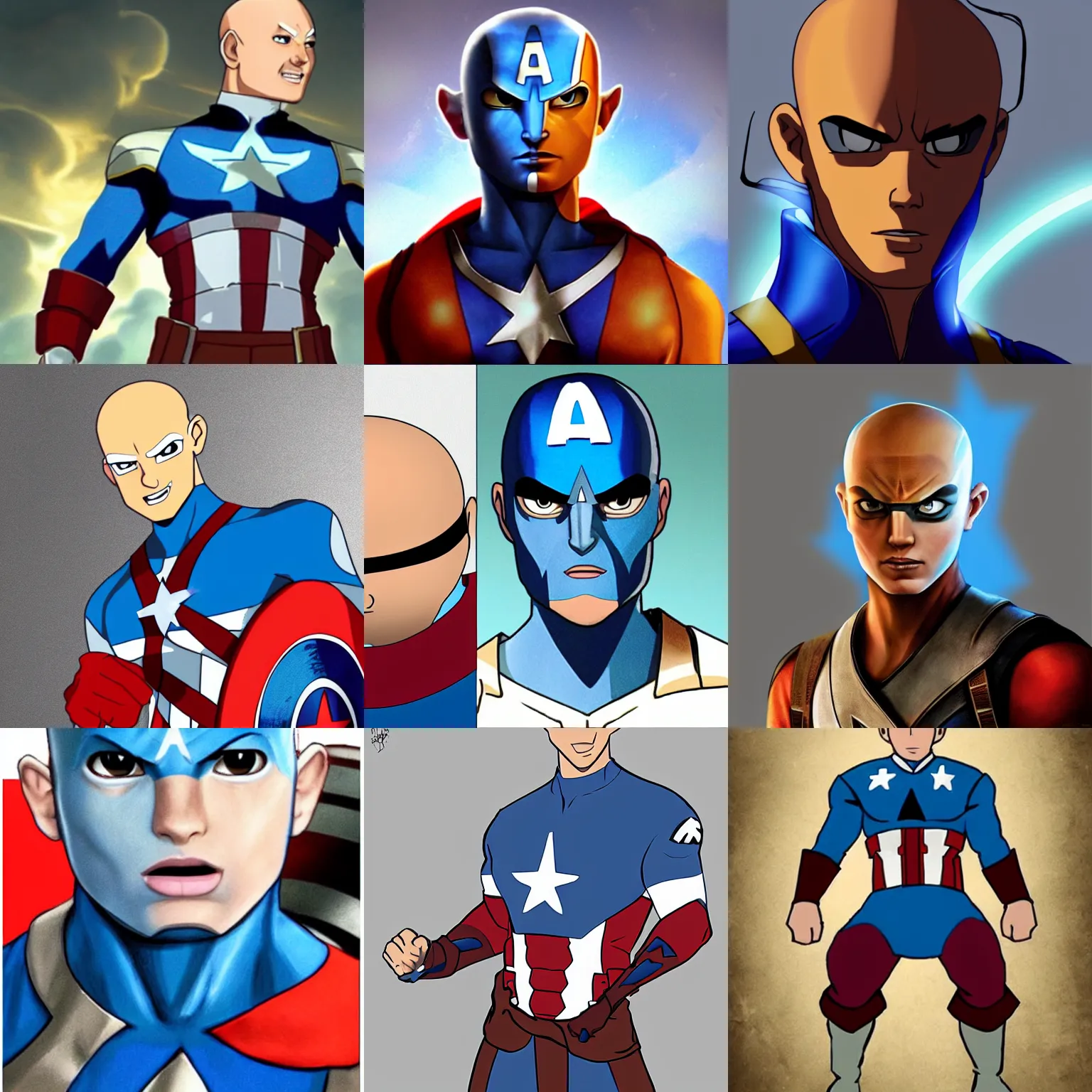 Prompt: avatar aang as captain America, blue arrow on head, bald, realistic