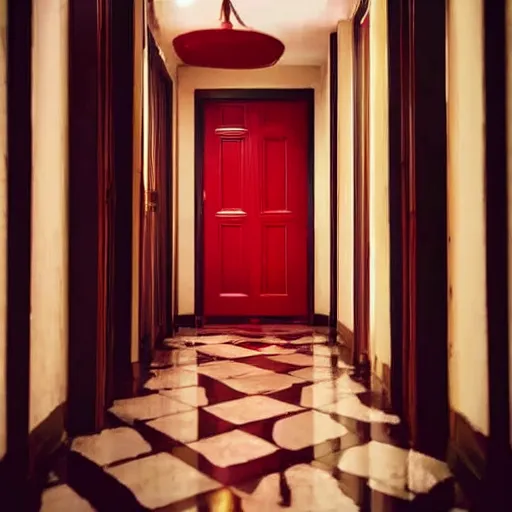 Image similar to a vintage hotel hallway with a red door at the end, dimly lit, surreal, dark, liminal,