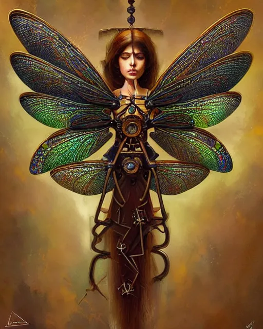 Image similar to a mechanically enhanced steampunk dragonfly from ancient persia. noble bearing. award winning ornate symmetry matte portrait, artgerm, rhads watercolor, serenity