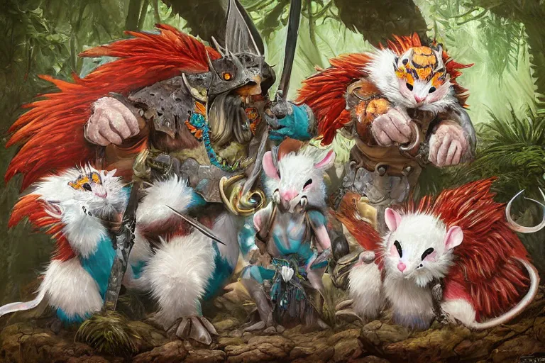 Prompt: dungeons and dragons fantasy painting, close order phalanx of feathered mice spartans, 3 0 0, whimsical and cute, aztec ashigaru. determined expressions, watery eyes, anime inspired, white fur, red and teal plumes, tufty whiskers, steel blades, in the jungle, vibrant jungle foliage by brain froud jessica rossier and greg rutkowski