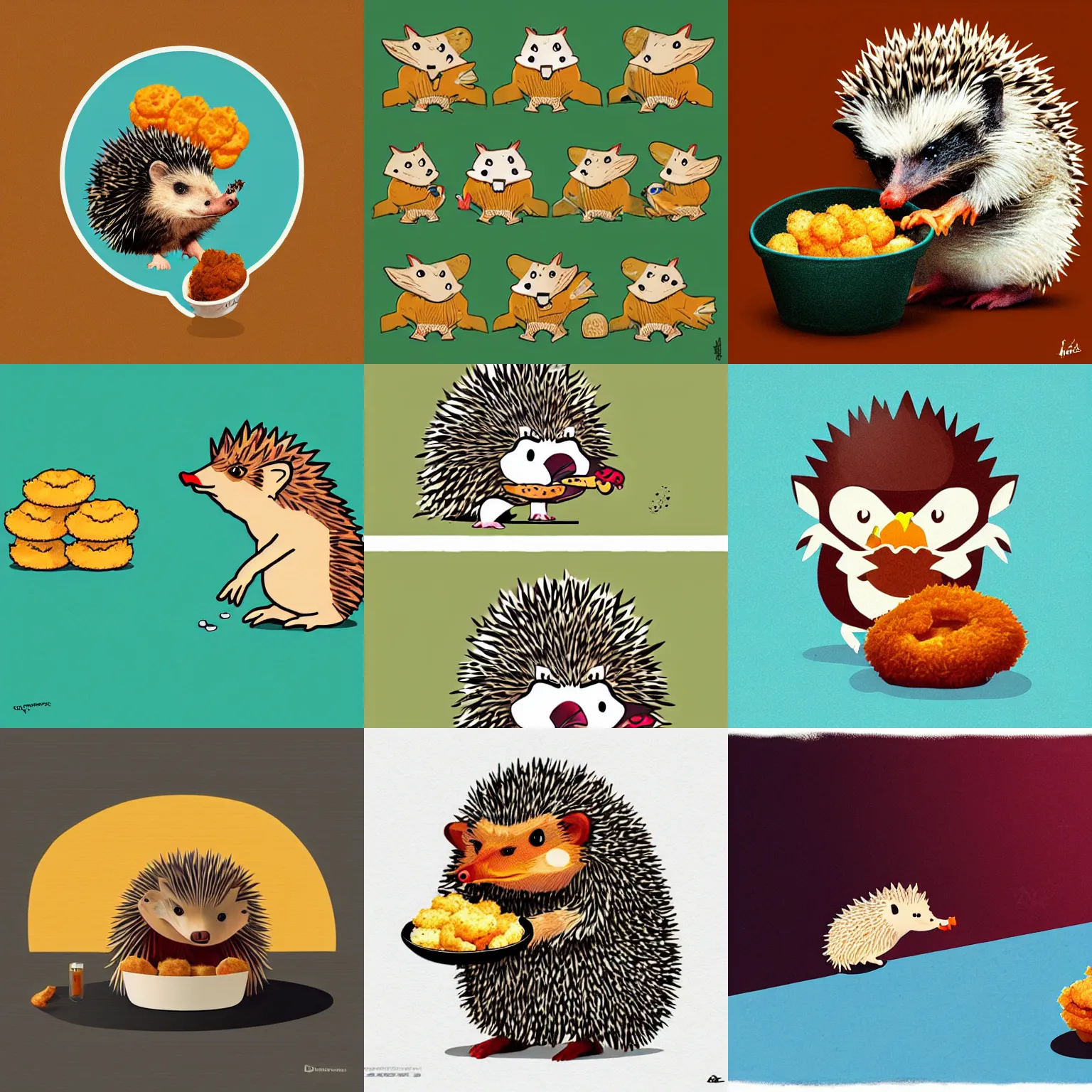 Prompt: a hedgehog eating chicken nuggets, detailed, realistic, in the style of petros afshar