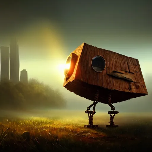 Image similar to a walking wood house with two mechanical legs and two glowing eyes and two hands, rust, hyperrealistic, pareidolia, highly detailed, cinematic, single ray of sun, fog, city in background, beautiful, cgssociety, artstation, 8 k, oil painting