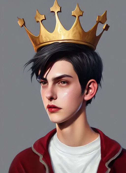 Image similar to portrait of teenage jughead jones wearing a light grey crown, photorealistic, crown, eyes closed, crown, black hair, intricate, elegant, glowing lights, highly detailed, digital painting, artstation, concept art, smooth, sharp focus, illustration, art by wlop, mars ravelo and greg rutkowski