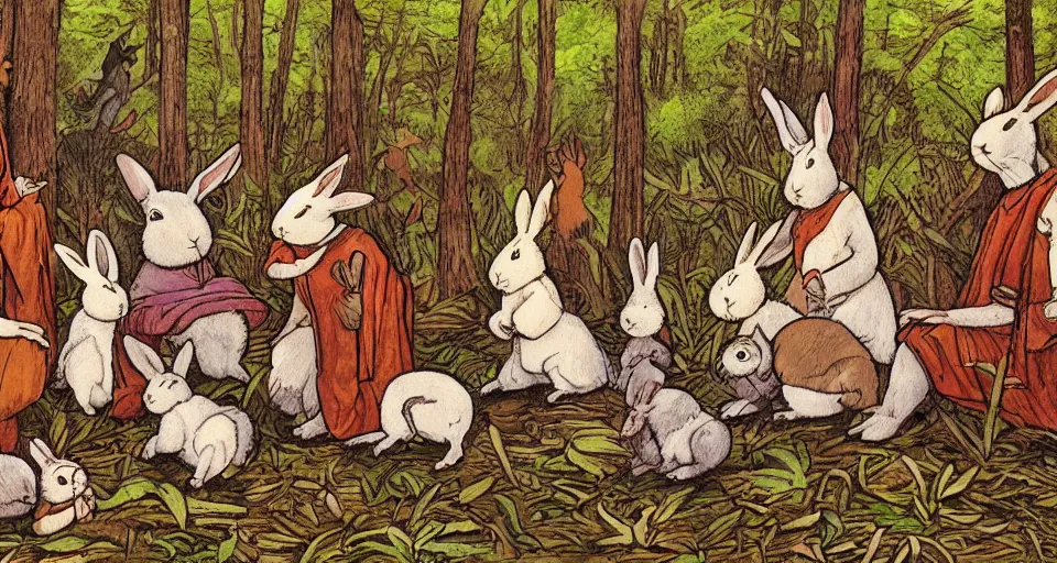 Prompt: A group of rabbits performing a shamanic ritual in a forest