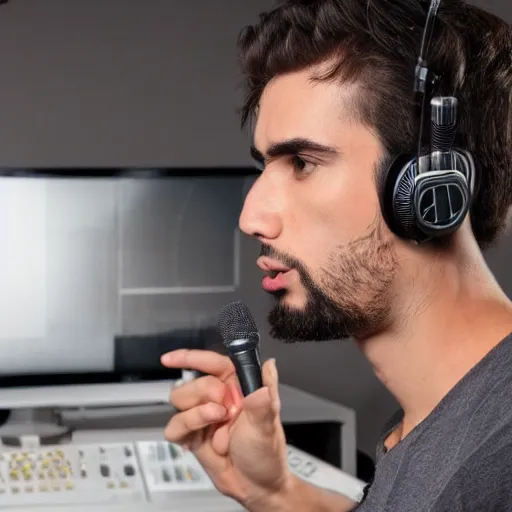 Image similar to handsome Portuguese male twitch streamer looking angrily at his expensive studio mic which isn't working, 4k