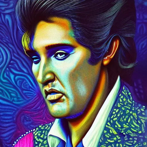 Prompt: an extremely psychedelic portrait of elvis, surreal, lsd, face, detailed, intricate, elegant, lithe, highly detailed, digital painting, artstation, concept art, smooth, sharp focus, illustration