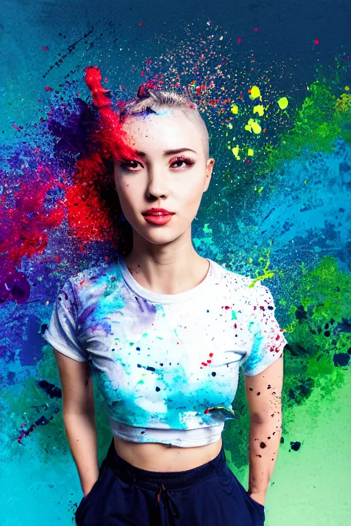 Image similar to a award winning half body portrait of a beautiful woman in a croptop and cargo pants with ombre navy blue teal hairstyle with head in motion and hair flying, paint splashes, splatter, outrun, vaporware, shaded flat illustration, digital art, trending on artstation, highly detailed, fine detail, intricate