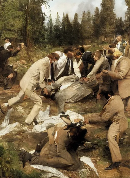 Prompt: artwork painting of the members of the mafia dumping a body by eugene von guerard, ivan shishkin, john singer sargent