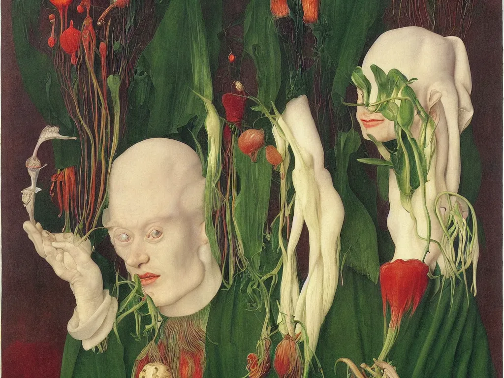 Image similar to portrait of albino mystic with blue eyes, with beautiful exotic carnivorous plant. Painting by Jan van Eyck, Audubon, Rene Magritte, Agnes Pelton, Max Ernst, Walton Ford