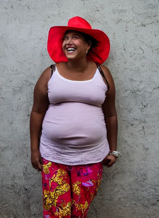 Prompt: Mid-shot portrait of a beautiful, chubby, 30-year-old woman from Cuba, smiling, candid street portrait in the style of Martin Schoeller, award winning, Sony a7R